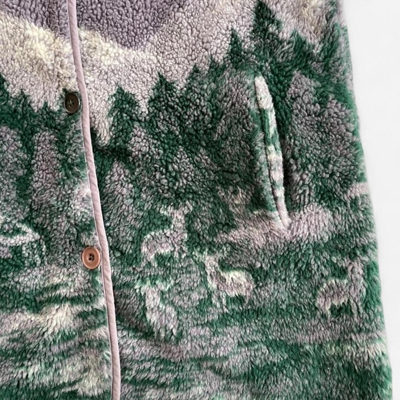 Vintage Basic Editions Fleece Hooded Jacket Forest Deer Cabin Woodland Green M - Picture 3 of 8